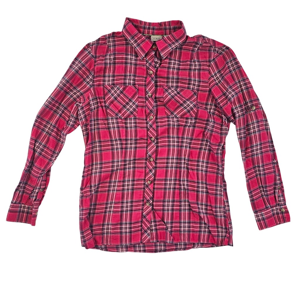 LL Bean Womens Pink Plaid Cotton Flannel Button Down Shirt Roll Tab Sleeve Small